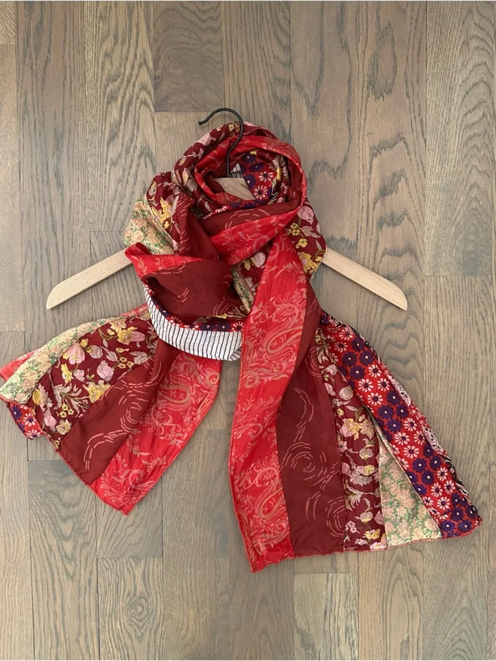 Vintage Patchwork Crinkle Floral Print Oblong 100% Silk Scarf 74